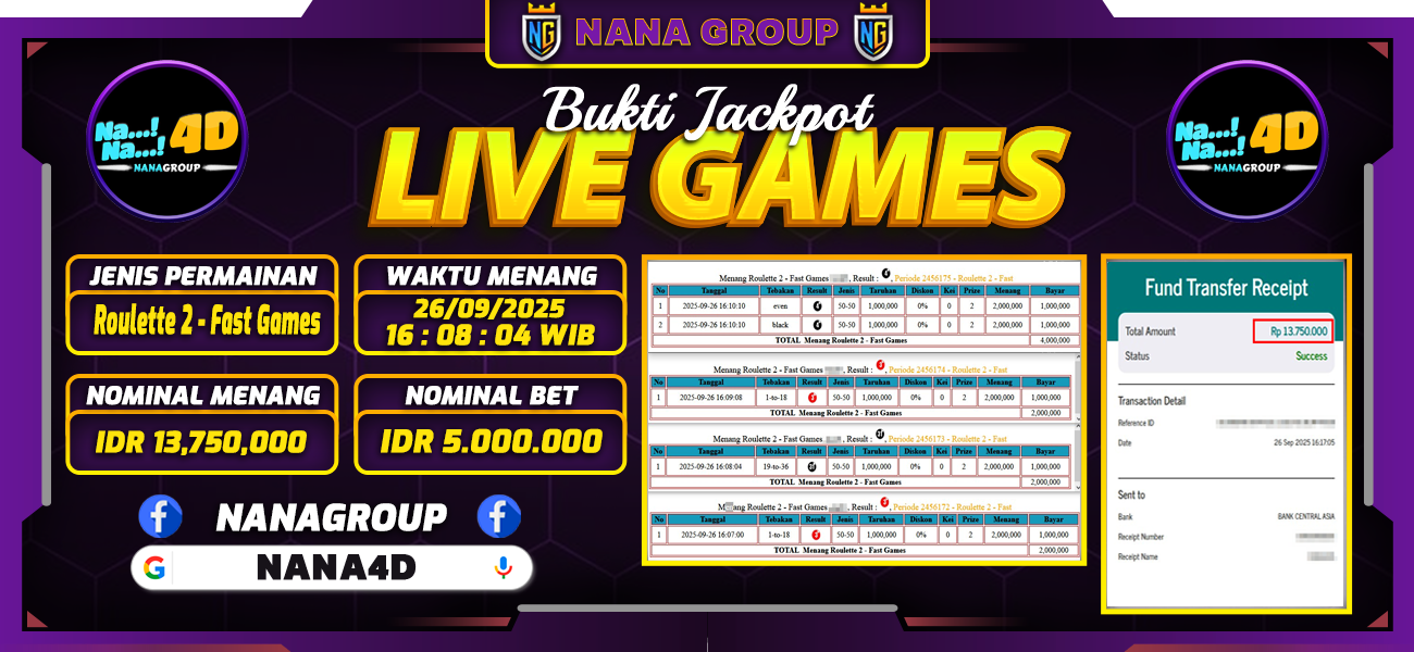 Bukti Kemenangan Besar Dibayar lunas Member NANA4D RP 13.750.000, 29 September 2025